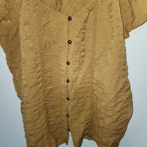 Rewind Womens Mustard Yellow Textured Crinkle Boho Button Up Blouse Top L - Picture 4 of 7